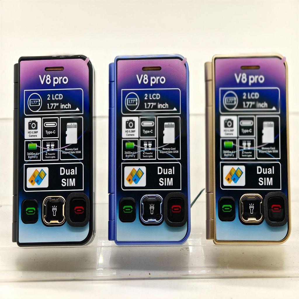 V8Pro Dual-Screen Flip Phone: Elderly-Friendly 2G Model with Large Buttons and Multi-Language Support