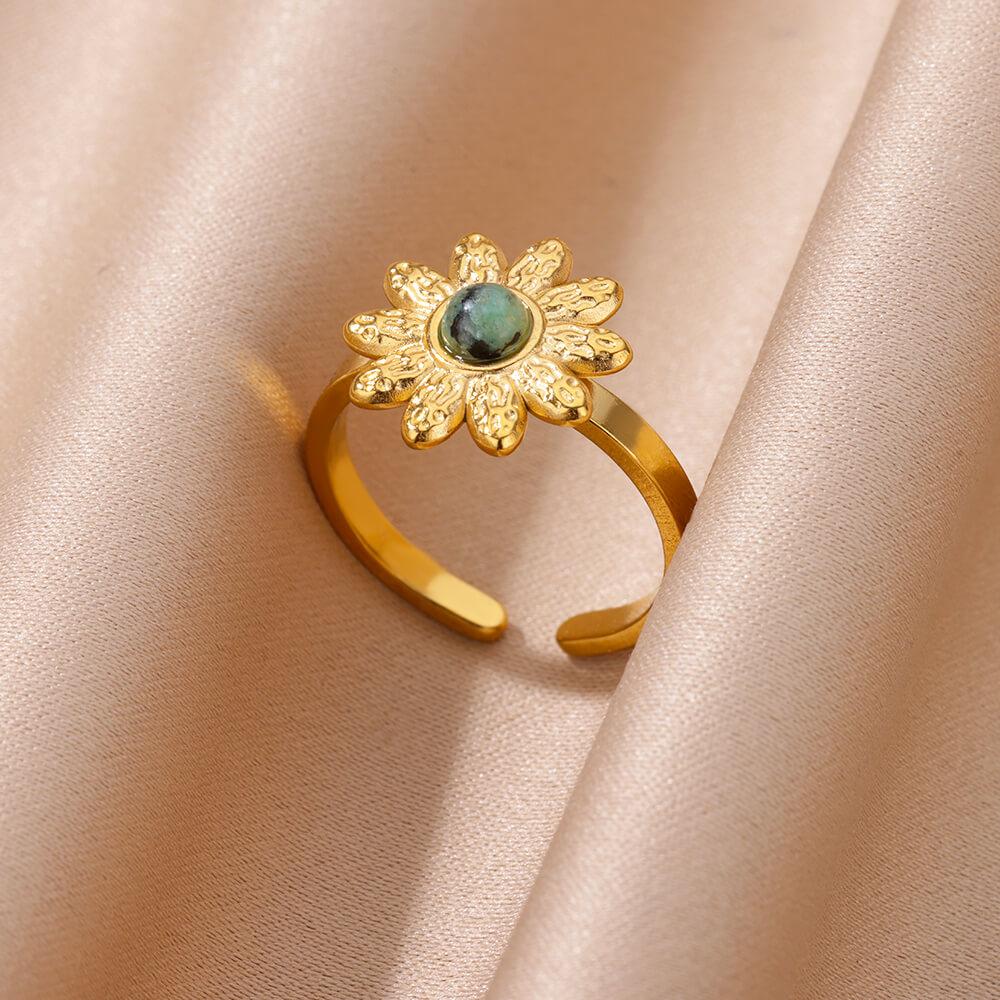 Oval Stone Open Rings For Women Men Gold Color Stainless Steel Sunflower Ring Wedding Engaement Jewelry Gift Bague
