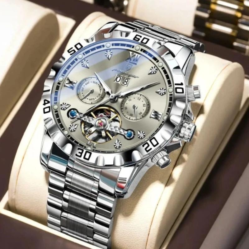 POEDAGAR Top Luxury Men Watch Automatic Date Week Man Wristwatch Hollow Tourbillon Mechanical Stainless Steel Watches