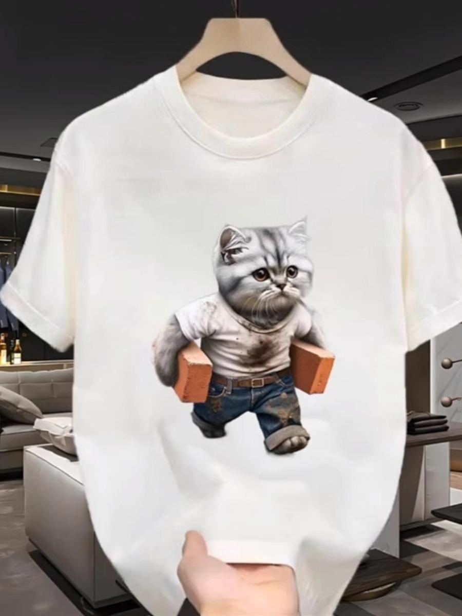 

25 New Solid Color Round Neck Short-sleeved T-shirt Men s Summer Cat Print Pure Cotton Couple s Versatile Super Fire Street Top 4XL