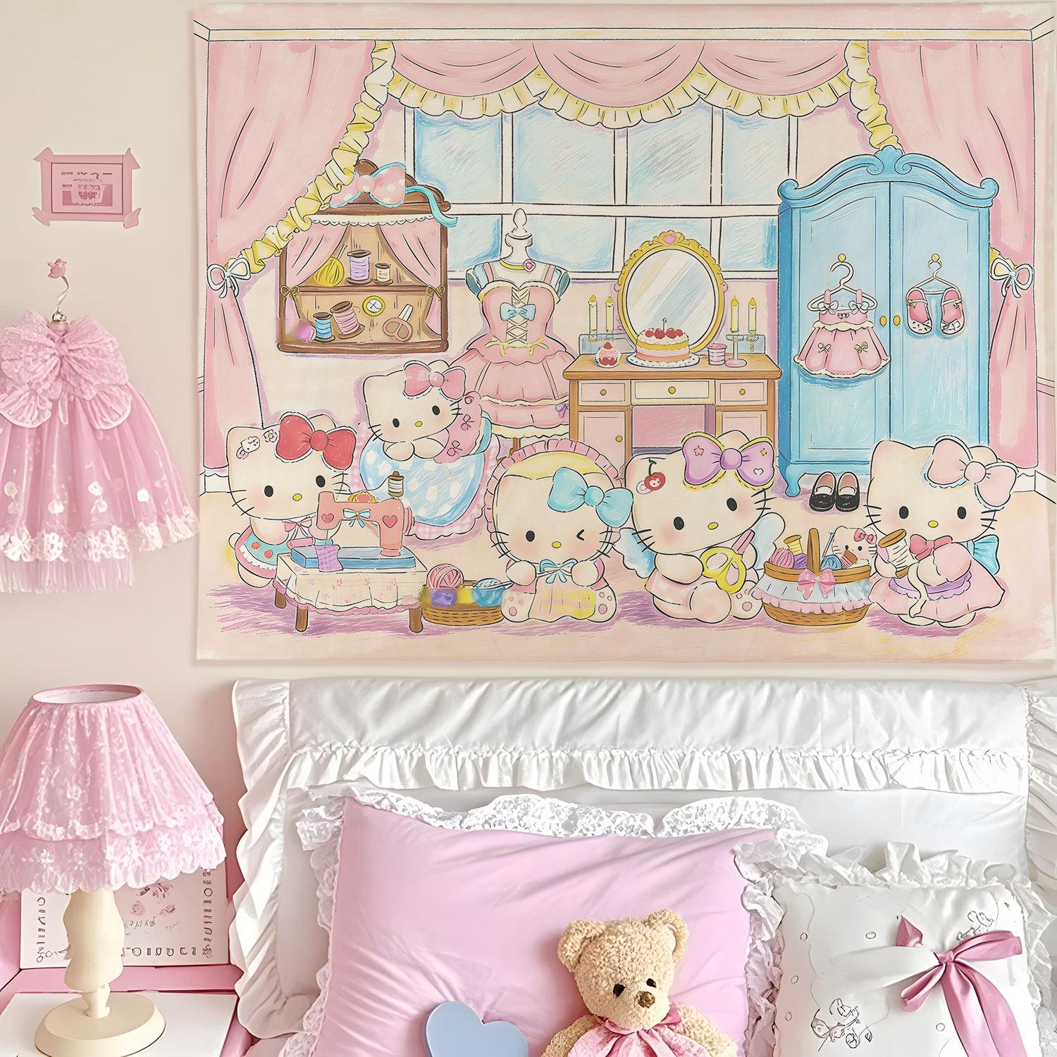 Adorable Sanrio Family Pink Heart Tapestry Kawaii Anime Wall Hanging Decoration Girls Heart Printed Tapestry Super Cute Decorat 74x94cm(29x37in)