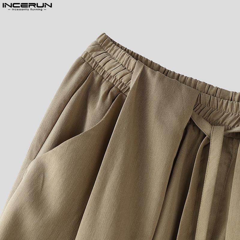 INCERUN Herren Elastischer Bund hinten Rüschen Lässige Lange Weitbein Hose mit Taschen