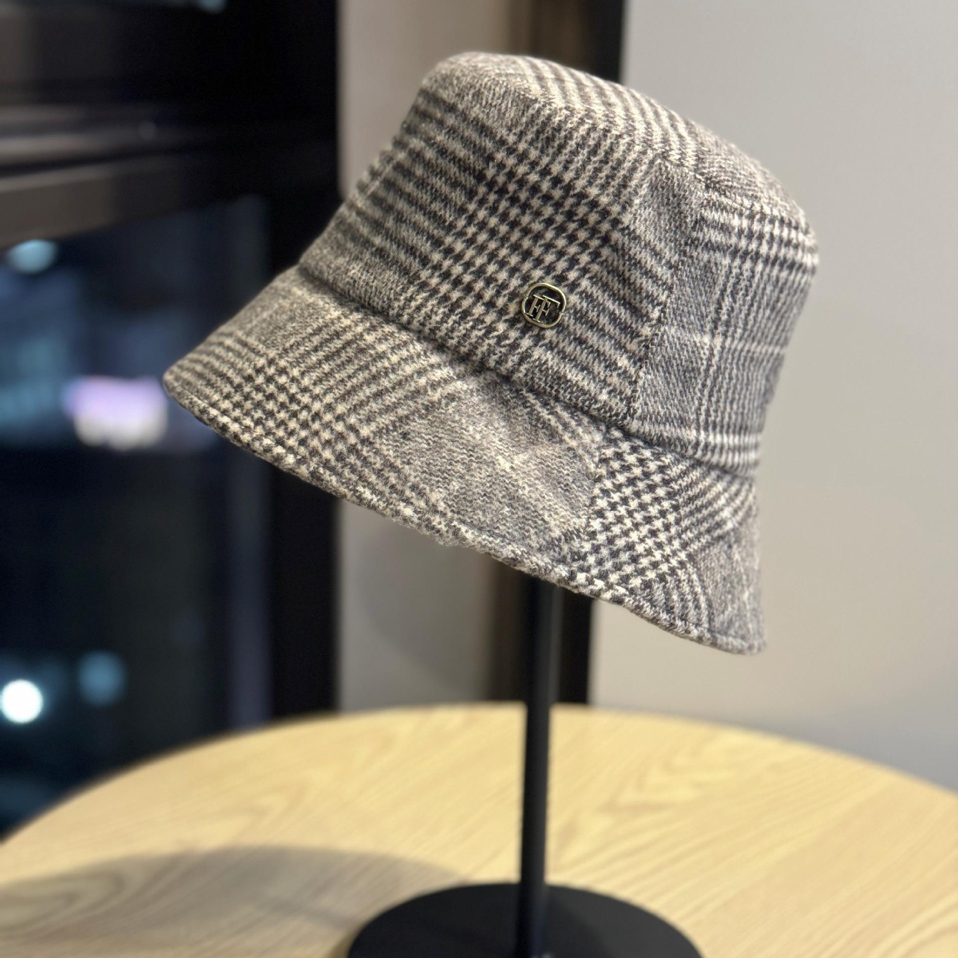 Ретро клетчатая шляпа рыбака Женская осенне-зимняя шляпа-ведро в британском стиле, теплая, подчеркивающая лицо, маленькая, универсальная, шерстяная шляпа Adjustable