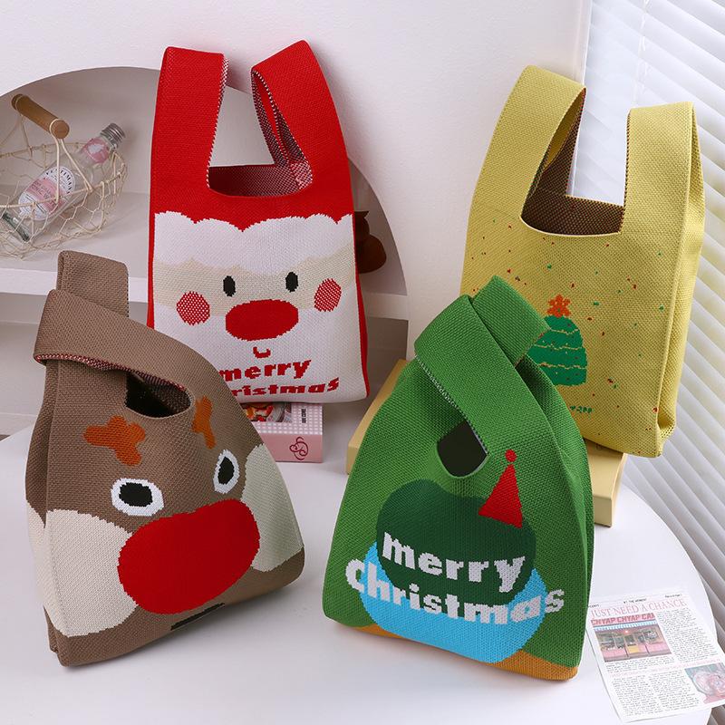 Christmas Handmade Knit Handbags Women Knot Wrist Bag Casual Small Tote Bag Girls Reusable Shopping Bags KTB