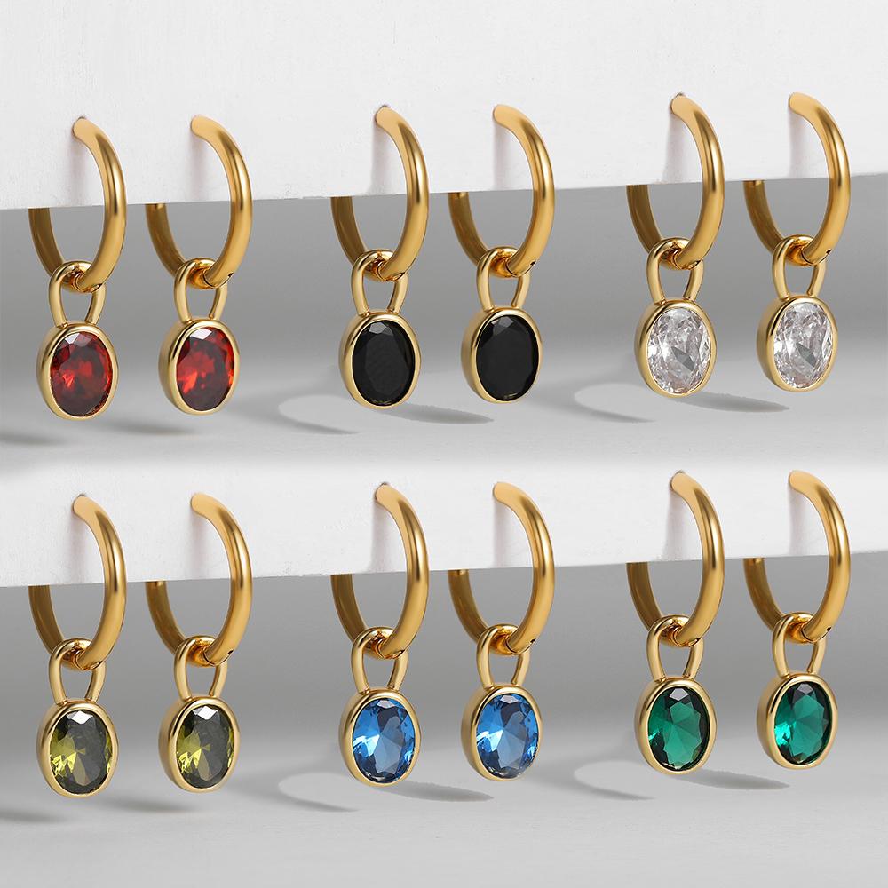 Boucles d'oreilles pendantes créoles huggie en acier inoxydable plaqué or pour femme, avec zircons cubiques multicolores et forme ovale, bijoux tendance pour fête