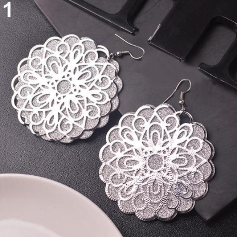 

Women Vintage Ethnic Chic Large Round Hollow Flower Dangle Eardrops Hook Earrings one size срібний