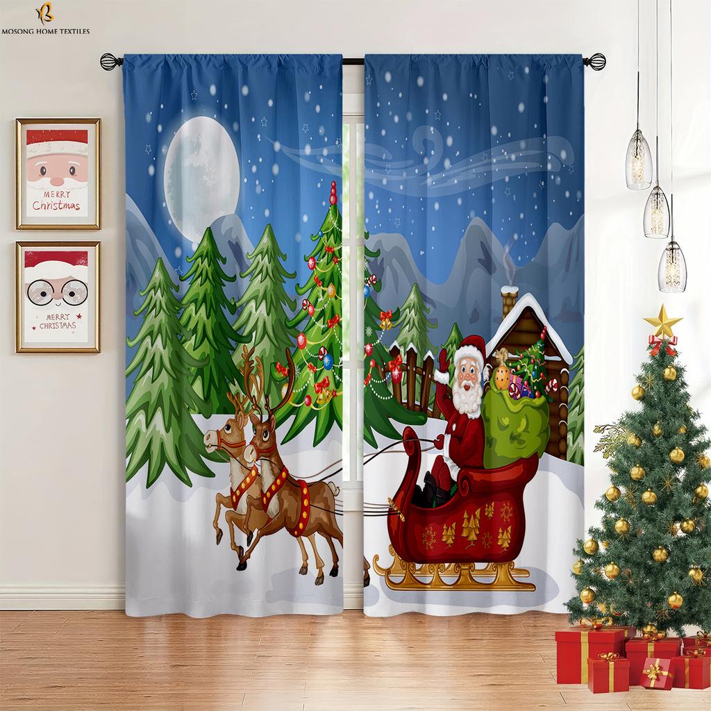 Christmas Decoration Curtains Wooden Elk Snowman Print Curtains Kids Room Restaurant Holiday Party Decoration Curtains 2 Pieces