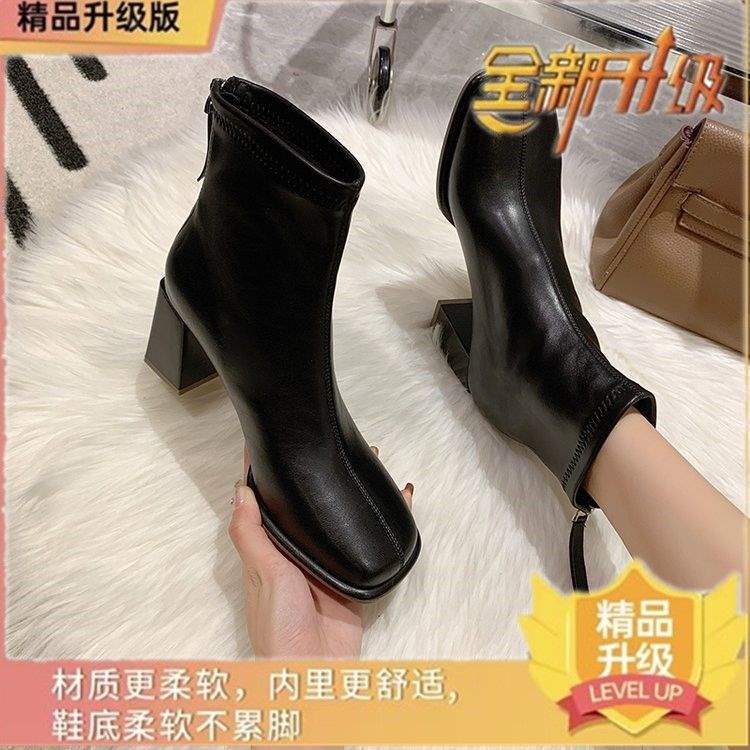 French Short Boots Women's 2025 New Spring and Autumn Single Boots Thick Heel High Heel Bare Boots Square Head Thin Boots Small Martin Boots
