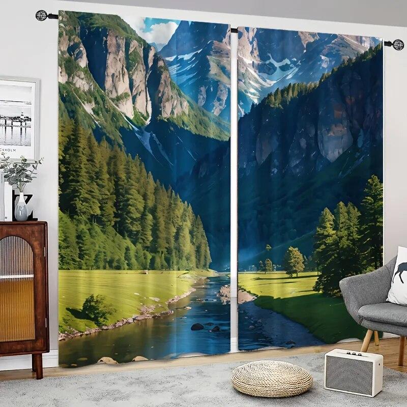 2ks River Mountain Meadow View Závěs Okno Závěs Venkovní přístřešek Dekorativní gobelín Kancelář Ložnice Kuchyň Obývací pokoj