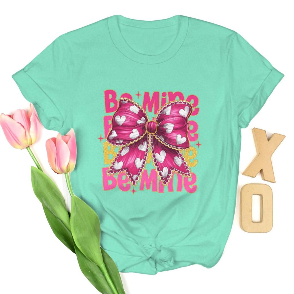 Rosa Valentinstag Coquette Herz T-Shirts Damen Be Mine Kurzarm-T-Shirt Glitzer Coquette Valentinstag Shirt Design Damen T-Shirt