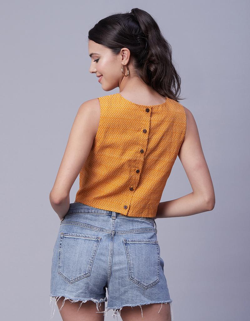 Moomaya Women  s Printed Sleeveless Cotton Short Top, Round Neck Blouse Crop Top, Buttoned