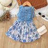 Middle and Small Children's Summer Girl Denim Patchwork Printed Vest Dress