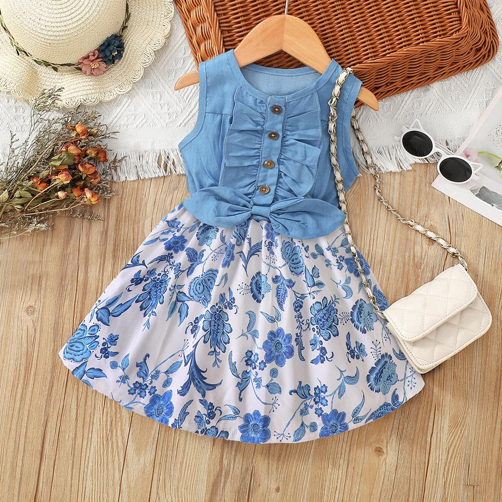 Middle and Small Children's Summer Girl Denim Patchwork Printed Vest Dress