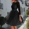 Women's Round Neck Long Sleeve Mini Dress Fit And Flare High Waist Glitter Tulle Elegant Cocktail Party Dress