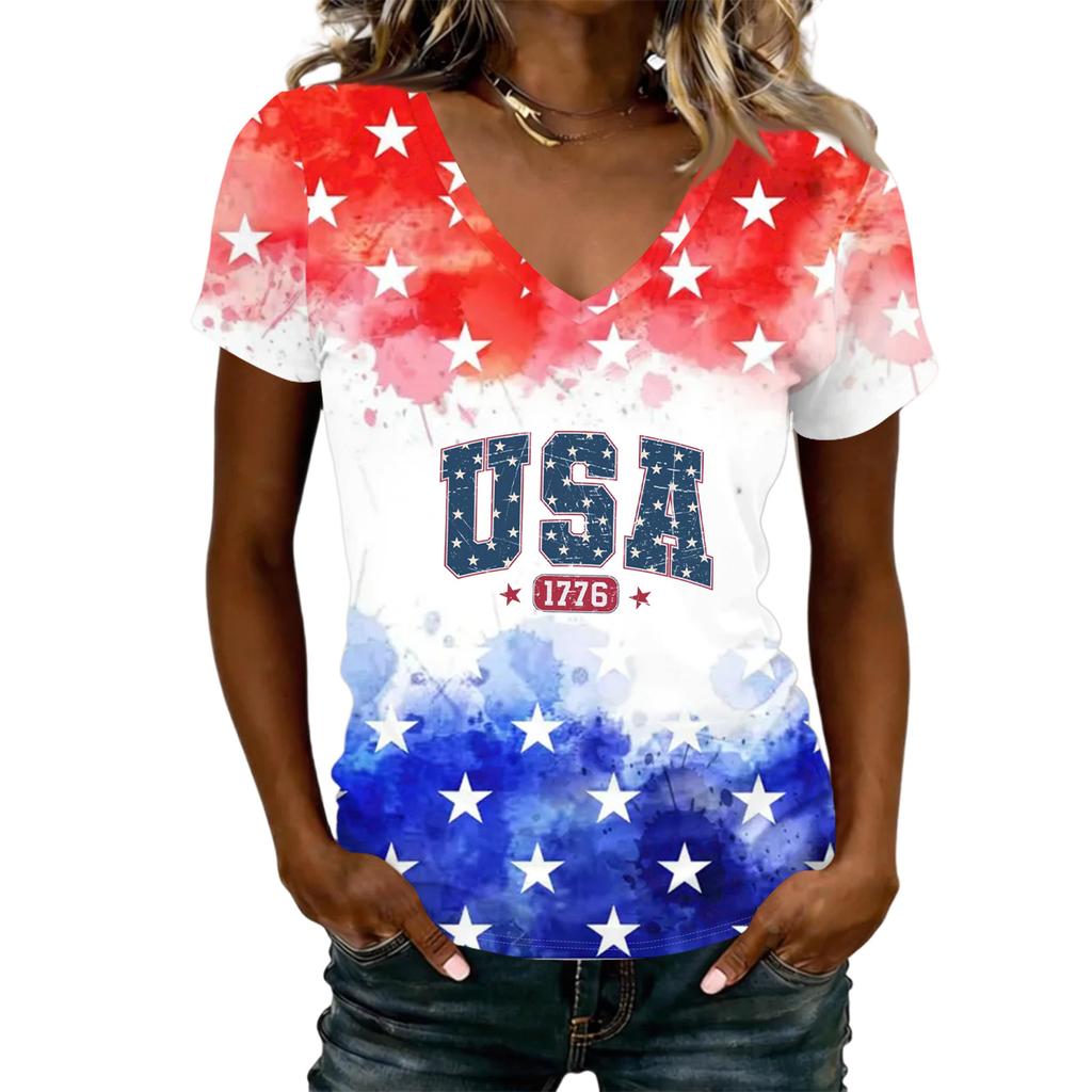 Women V Neck Short Sleeve Lightweight Top USA Patriotic Print Independence Day Casual Tee Shirt