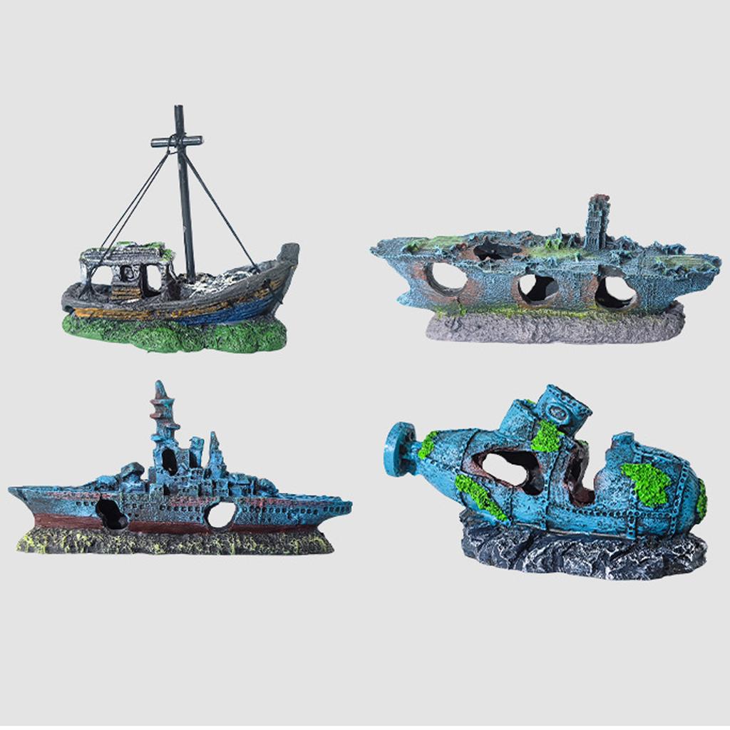 Aquarium Decorations Realistic Boat Landscaping Resin Wrecked Ship for Potted Plant Shrimp and Fish Shelter Cave House