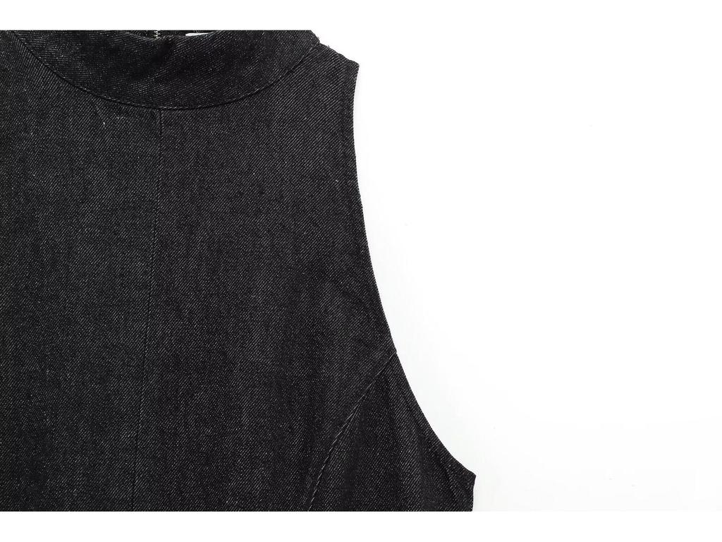 2025 Women's New Year Black Balloon Silhouette Sleeveless Denim Mini Dress