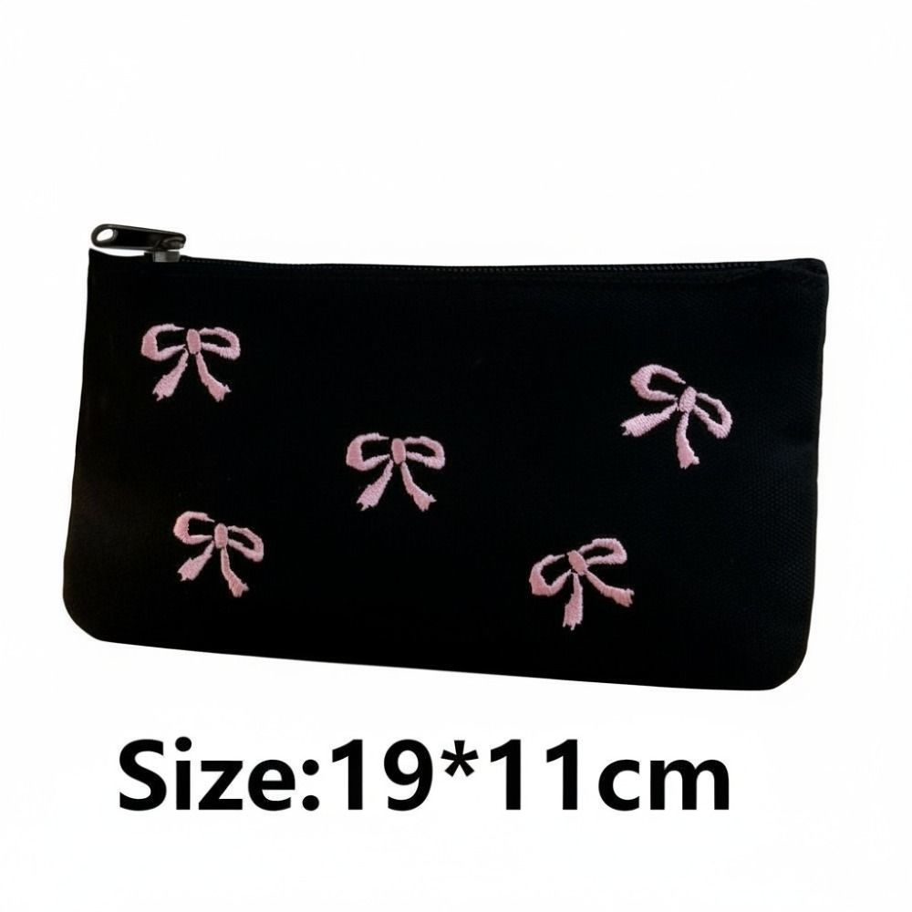 New Canvas Cute Embroidered Bag Bowknot Lovely Print Cosmetics Bag Square Shape Stationery Bag