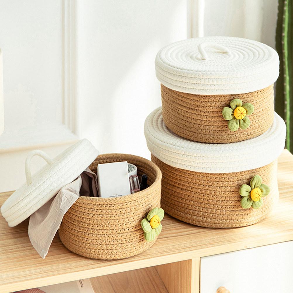 Lidded Woven Cotton Rope Basket Large Capacity Multipurpose Storage Container for Closet Desktop Bedroom Office Sundries
