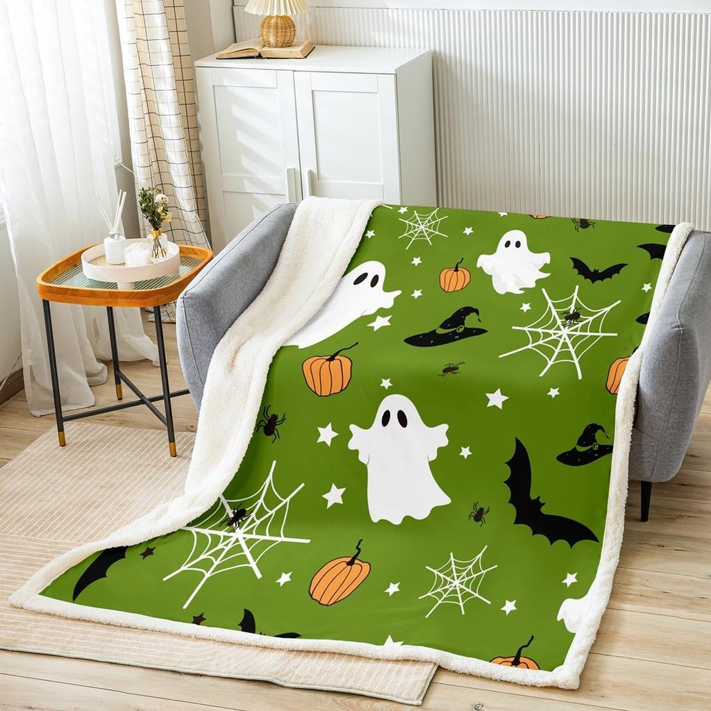 Halloween Ghost Blanket Soft Fleece Throw Pumpkin Spider Web Design Home Decor Party Gift Kids Room