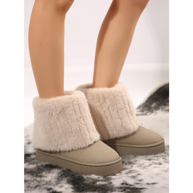 New Thick-soled Round-toe Flip-up Hairy Short Snow Boots Women's Warm Thickened Cotton Shoes