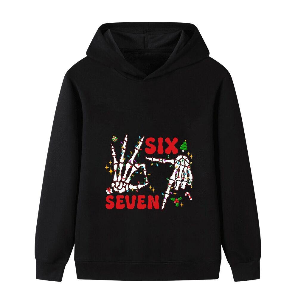 Christmas Skeleton Hand Six Seven Hoodie, Unisex Cotton Pullover Sweatshirt, Funny Holiday Graphic Hooded Top 160cm