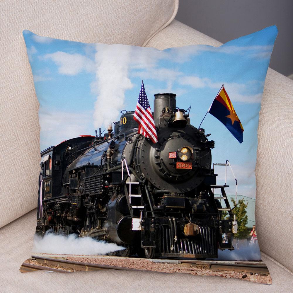 Pillowcase Vintage Style Steam Train Decor Retro Colorful Car Cushion Cover