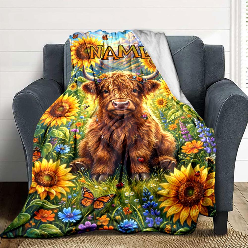 Highland Cow Sunflower Garden Home Customize Your Name Blankets Soft Cozy Lightweight Allseason Multiuse Blanket For Picnic Sofa Office Bed Living