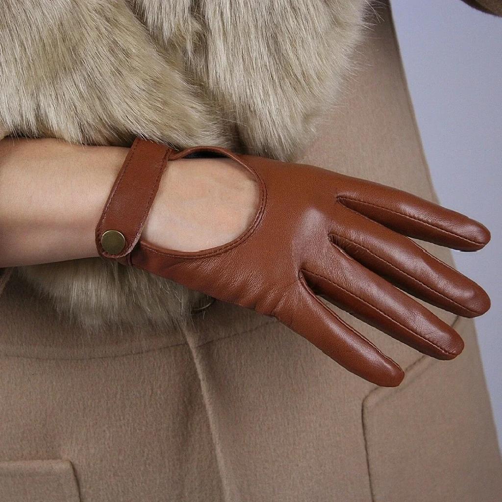 Women's Brown Leather Gloves Motorcycle Driving Short Wrist Hallow Back Button Closure TECH Genuine Sheepskin Glove Cosplay