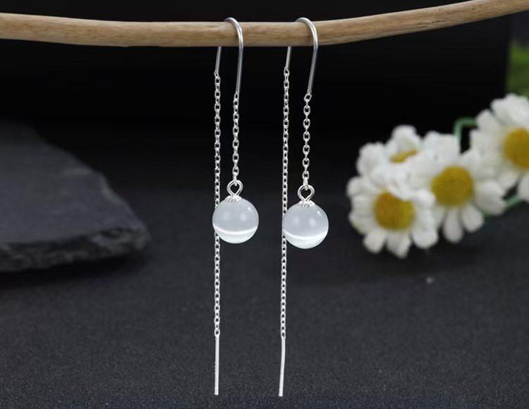 

S999 Pure Silver 8mm & 10mm Tassel Cat s Eye Earrings for Women - Elegant, Simple, Long Thread Design