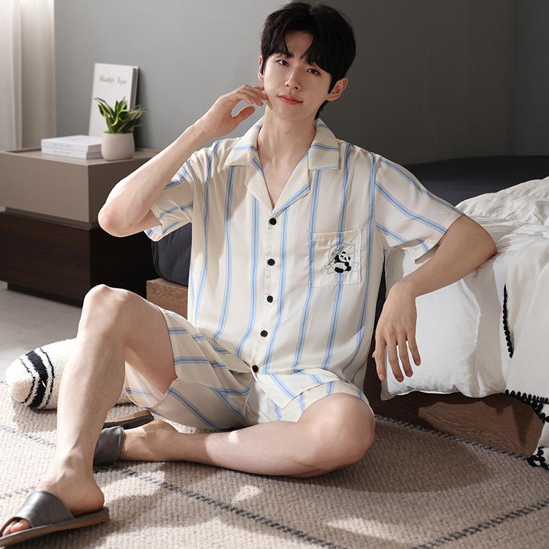 Ice Silk Pajamas Men's Summer 1011 New Short-sleeved Cardigan Set, Thin Breathable and Cool, and Large-size Loungewear