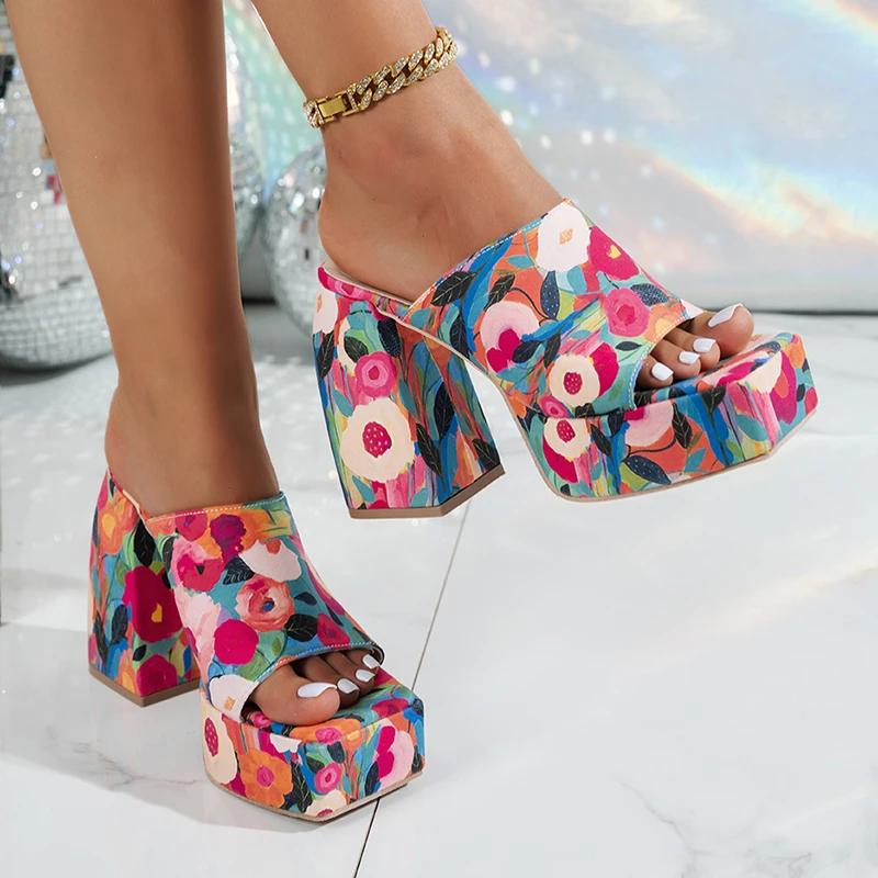 Fashion Brand Design Flower Printing Slip On Sandals Chunky Platform Super High Heel Slippers Women 2025 Summer Fashion Outdoor Slippers