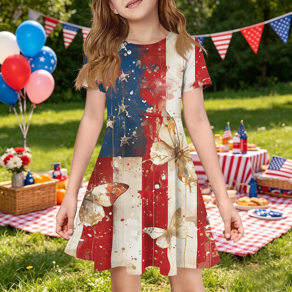 Girls Independence Day Printed Short Sleeve Dress with Pocket Casual Summer Toddler Skater Dress for Kids