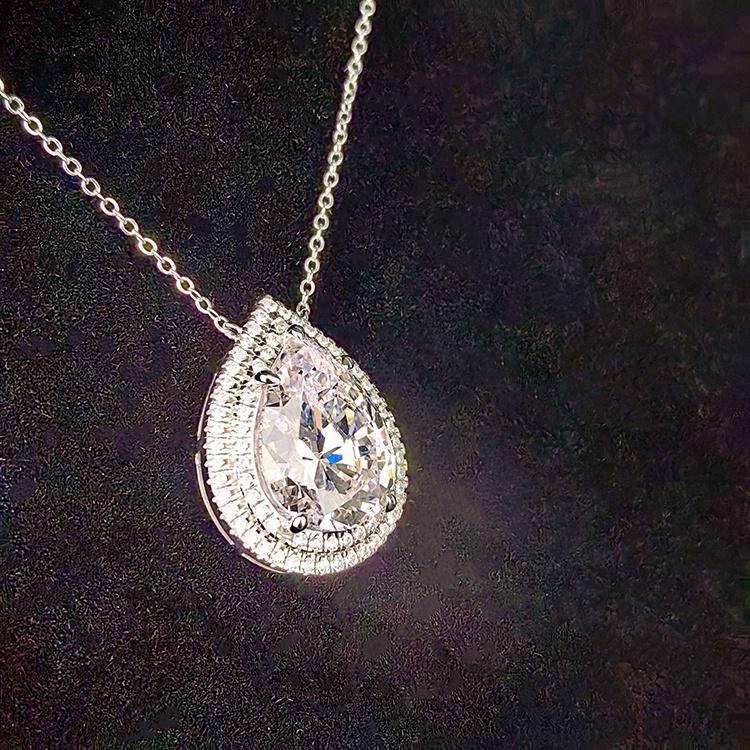 Fine Jewelry Rhodium Plated Elegant Aura 925 Sterling Silver Pear Teardrop Water Drop Pink 5A Zircon Pendant Necklace for Women