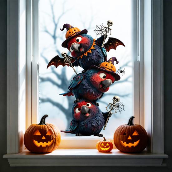 Static Glass Sticker, Traceless Reusable Window Decal, Halloween Bird Shapes Wizard Hat Crow Colorful Parrot Skull Spider Web Window