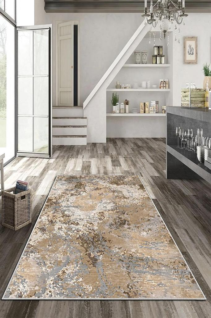 Hnědé béžové tóny Abstraktní vzorovaný moderní koberec do kuchyně a předsíně, protiskluzová základna omyvatelný koberec s digitálním tiskem