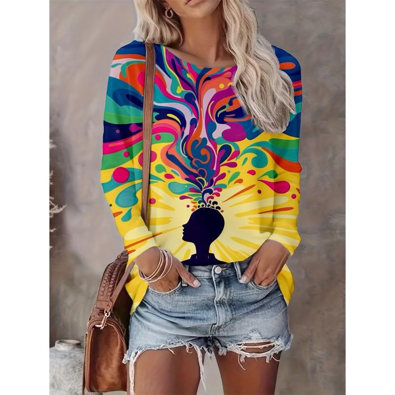 Abstract Tie-Dye 3D Digital Print Loose Fit Womens Crew Neck Long Sleeve T-Shirt Casual Comfort Top