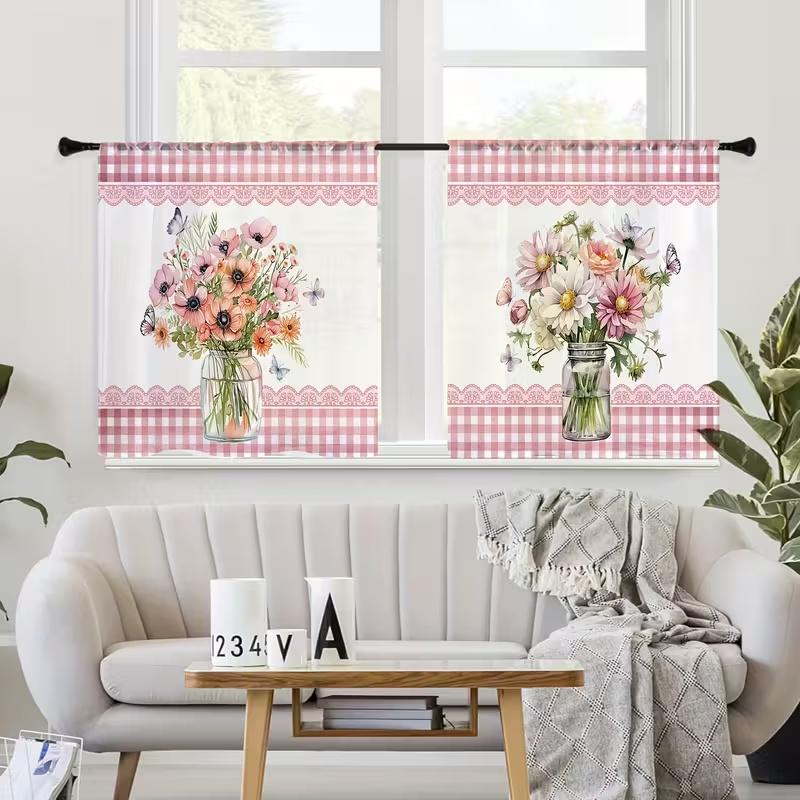 2 Pcs Flower vase print curtains,suitable for bedroom,living room kitchen decoration,home decoration,window decoration