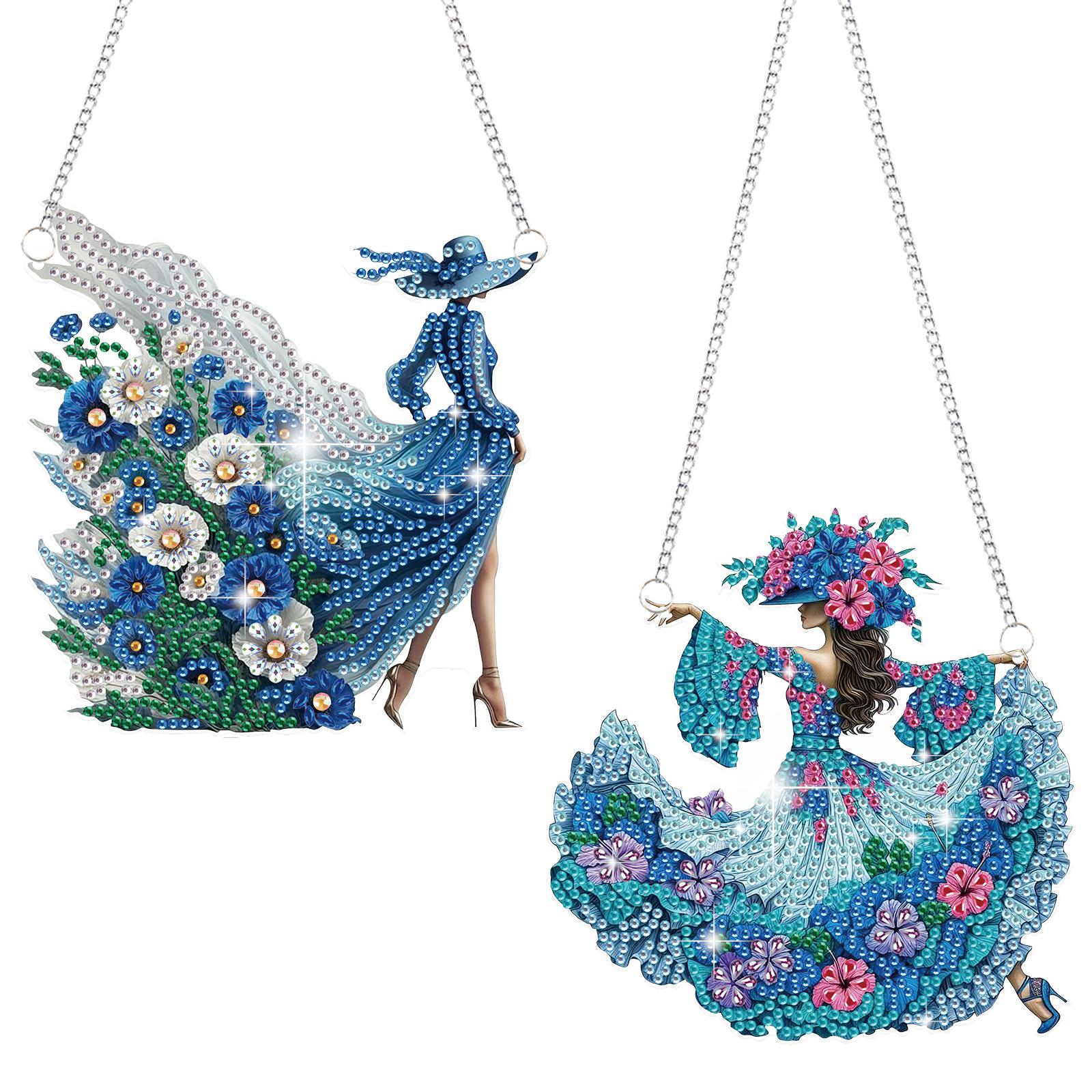 

2Pcs Girl Theme 2D/Flat DIY Rhinestone Diamond Art Window Pendants Single Side Drill Gem Painting Board Kit Wall Door Decoration