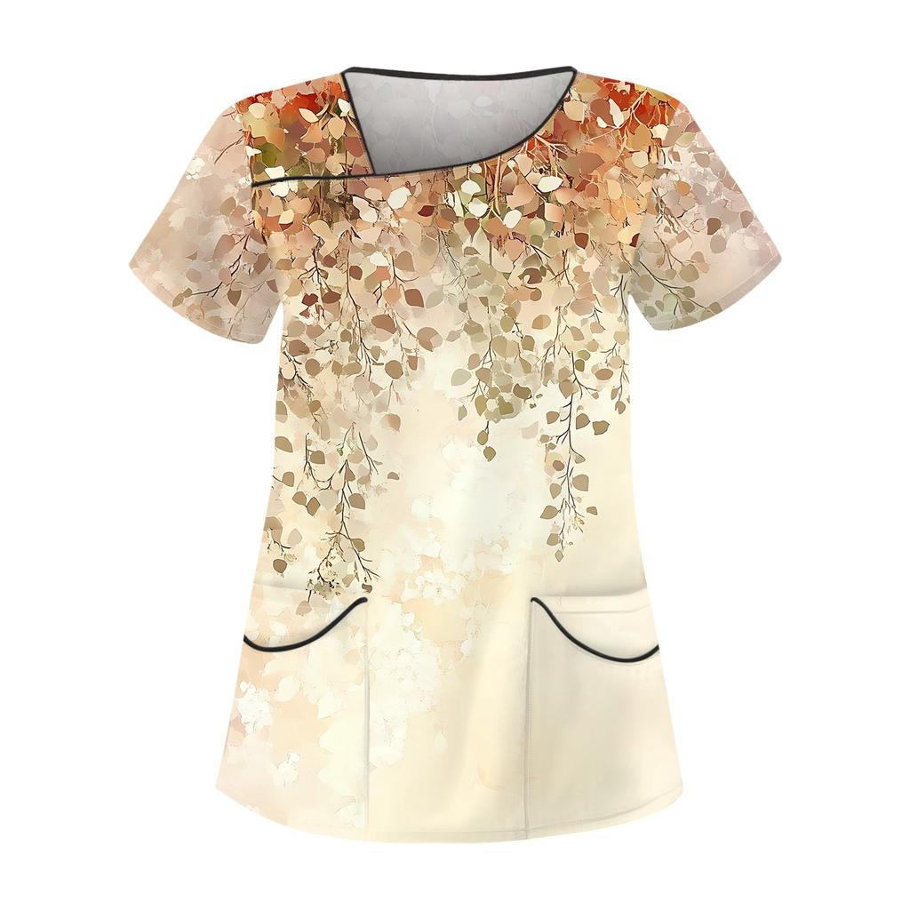 Blusa de trabajo informal con cuello inclinado, manga corta y estampado para mujer con bolsillos dobles