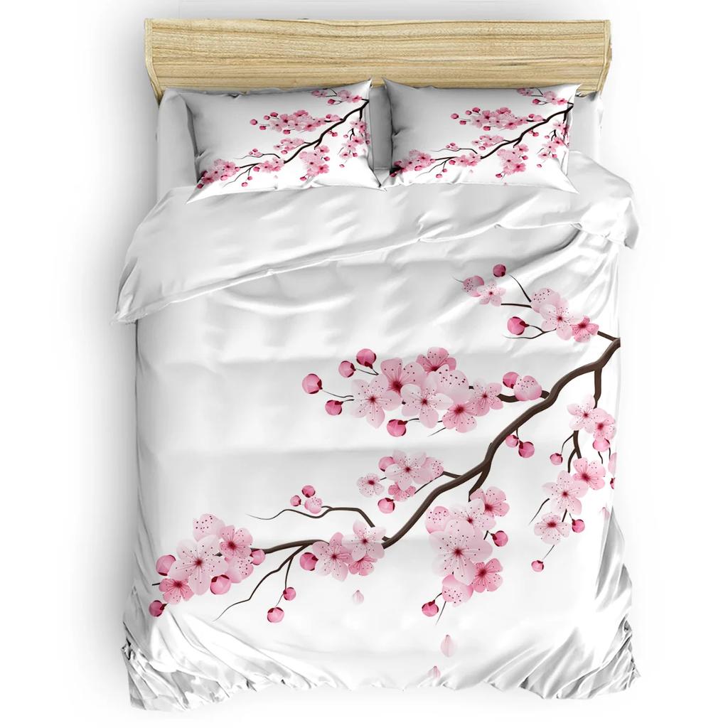 Set husă de plapumă roz pal, Ramură de Sakura cu flori de cireș Primăvară japoneză delicată, Set de lenjerie de pat decorativ din 3 piese, Mărime king