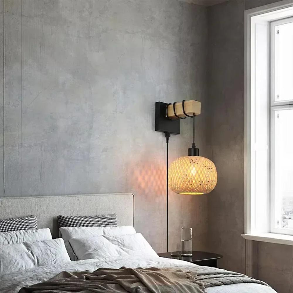 Plug In Wall Sconce, Handmade Rattan Bamboo Night Light, Elegant Wooden Bedroom Lamp, Boho Farmhouse Plug-in Lighting