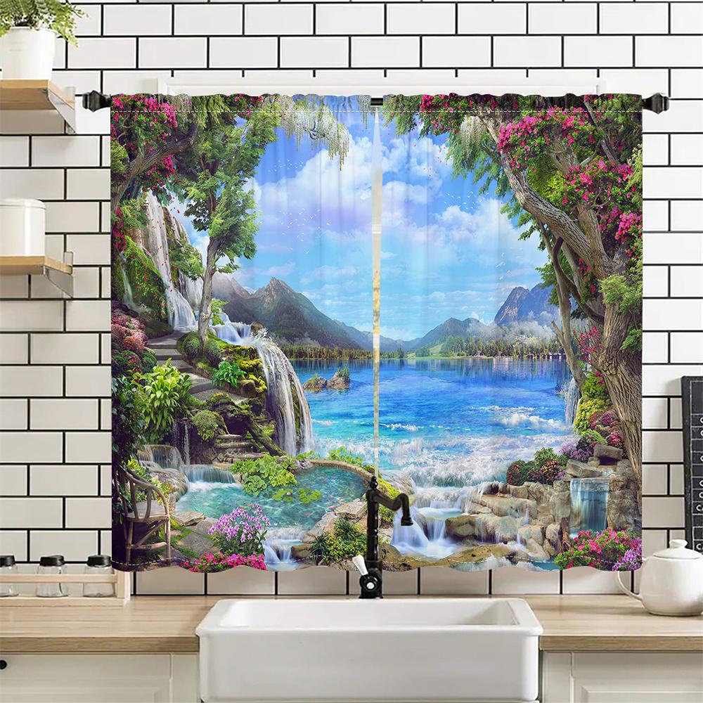 2Pcs Dreamland Curtains Waterfall Lake Mountain Print Living Room Bedroom Decor Curtains Nature Landscape Sunshade Curtains