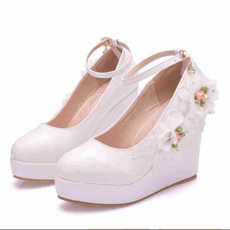 Fashion Ankle Strap Platform Wedges Women High Heel Shoes Woman White Party Wedding Shoes Mary Janes Women's Pumps 33-43