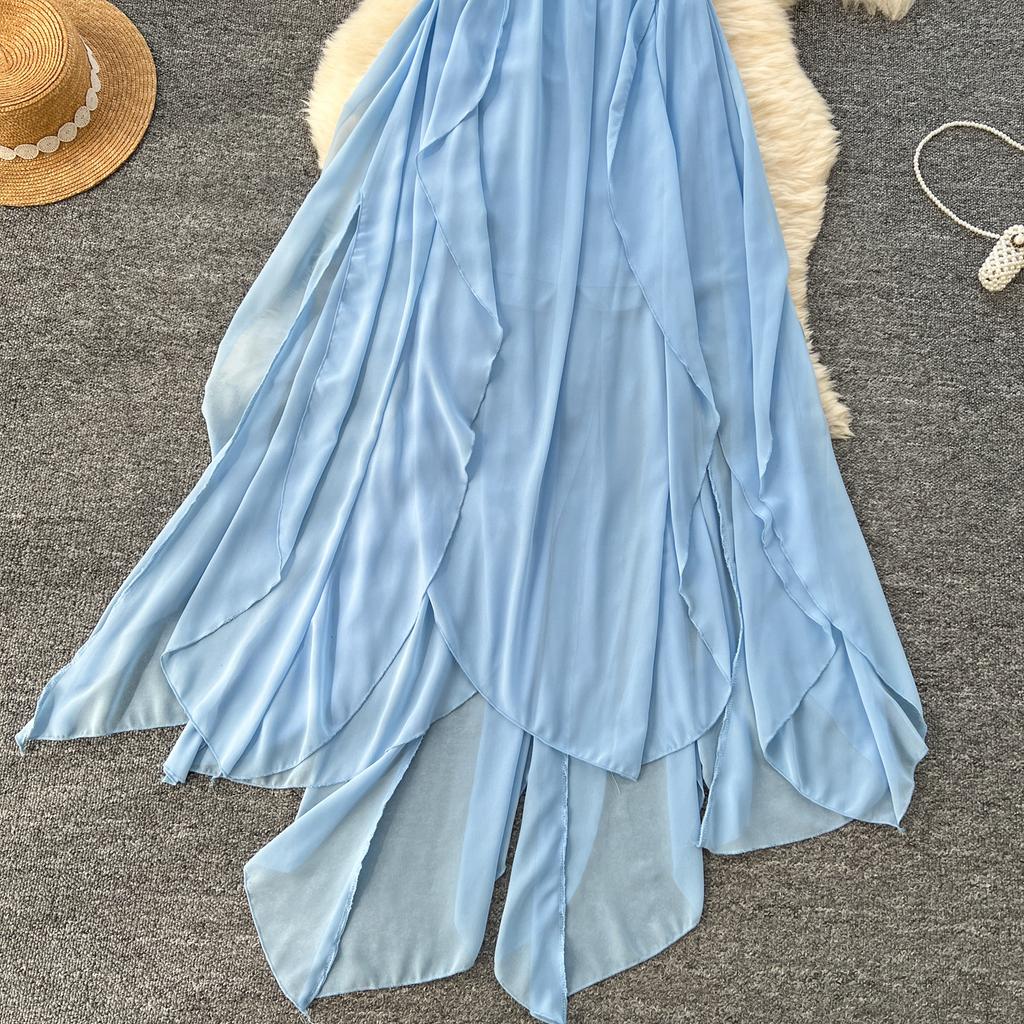 Summer Women Sexy Strapless Open Back Long Maxi Ruffles Chiffon Irregularly Seaside Beach Dresses