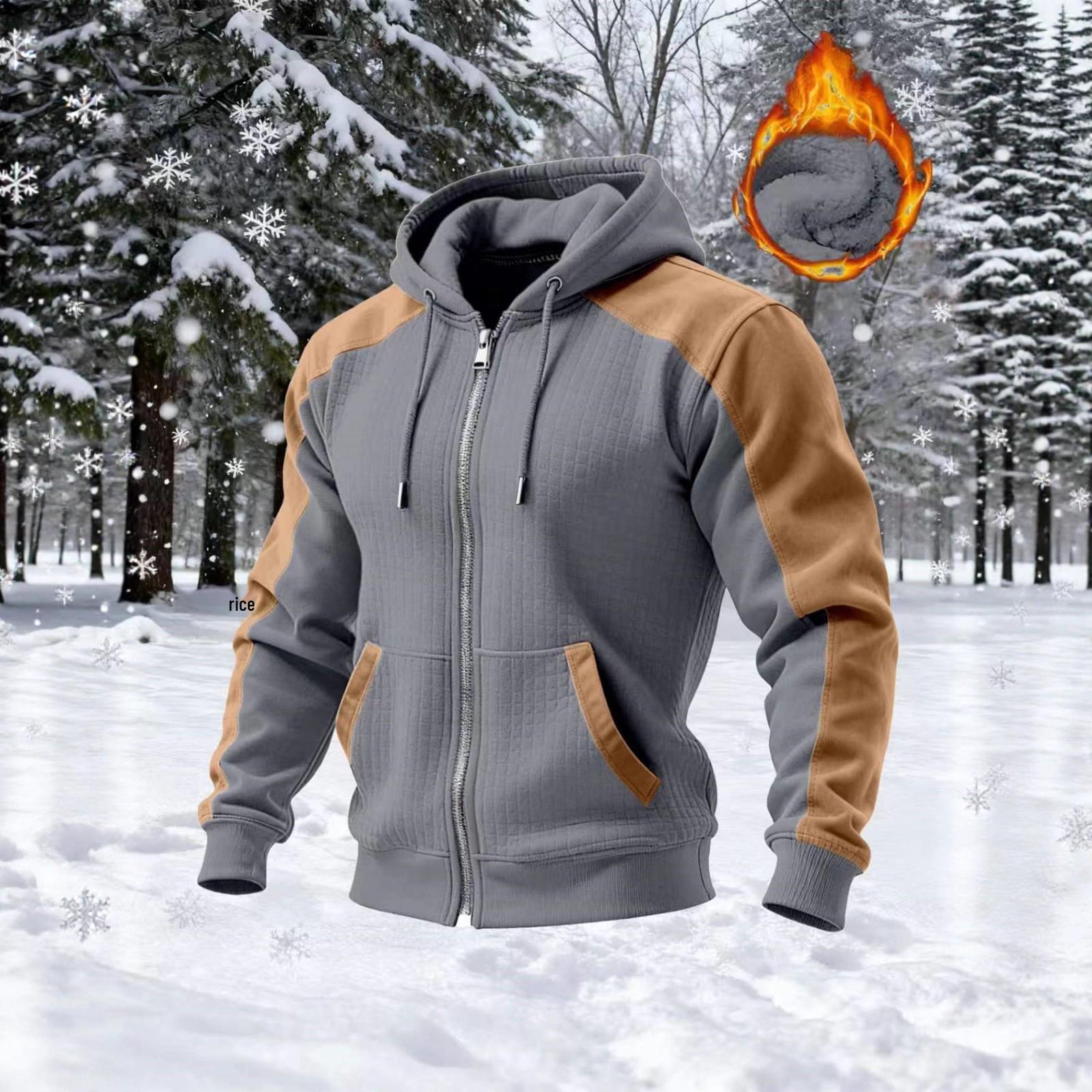 

Europe Autumn/Winter Men s Color Block Fleece Lined Hooded Jacket - Fashion Casual Zipper Top Outerwear. Triple Extra Large світло-сірий колір