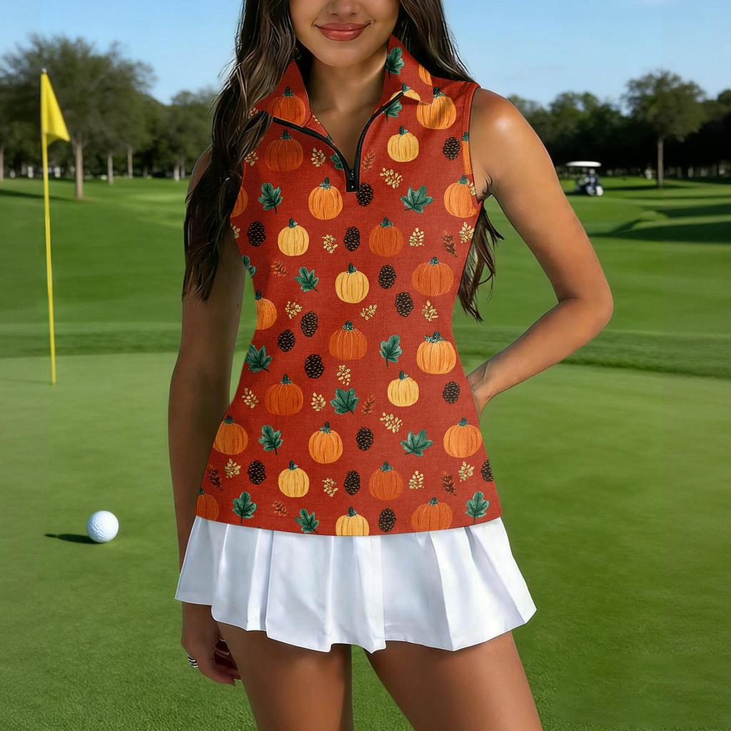 Women's Sleeveless Golf Vest with Zipper Collar & Halloween Print for Outdoor Sports
