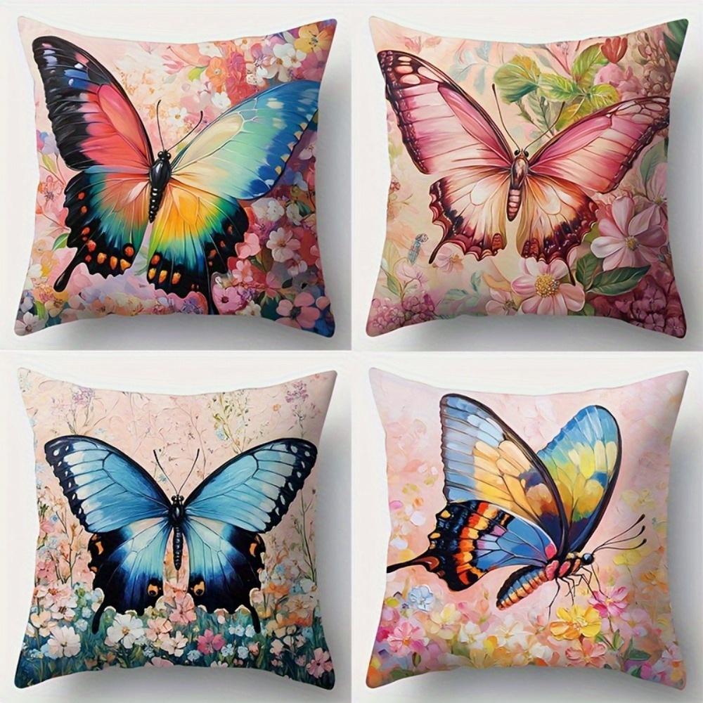 Exquisite Ornaments Unisex Pink/Blue Watercolor Butterfly & Floral Throw Pillow Covers, Vibrant Rainbow Butterfly Print Cushion Cases, Garden Home Decor