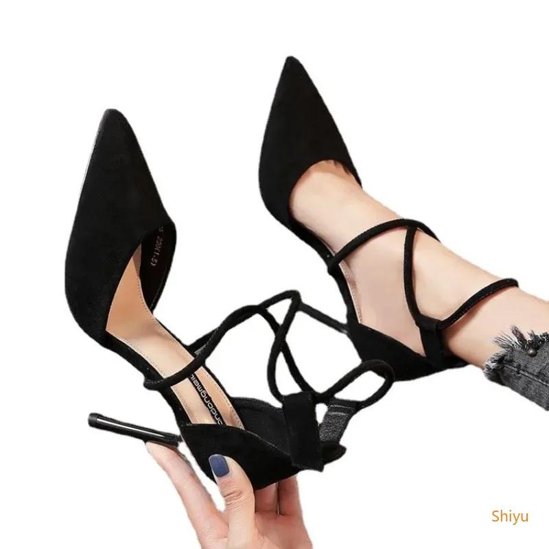 New Cross-strap Roman Sandals Suede High Heels Women's Shoes One-line Buckle Fine Heel Pointed Sandals Zaptos Mujer