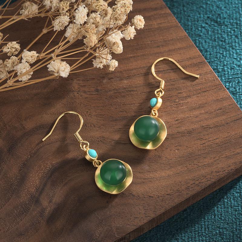 2021 New Chinese Style Gold Plated Chalcedony Agate Dangle Earrings for Women